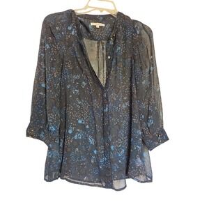 Eliot Blouse Womens Size‎ S Print Sleeve Brass Buttons 100% Silk